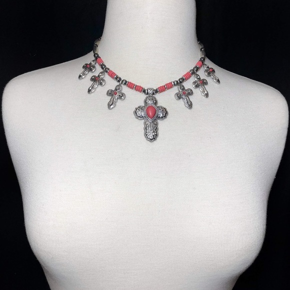 Red Stone 7 Cross Western Necklace Earrings Set - Picture 3 of 3